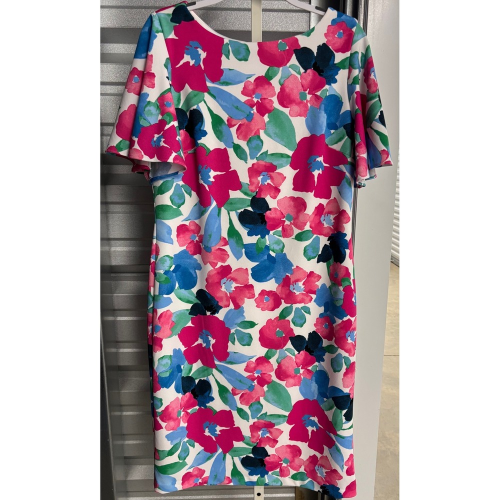 Kasper Floral Flutter Sleeve Sheath Dress Pink Blue White Size 12